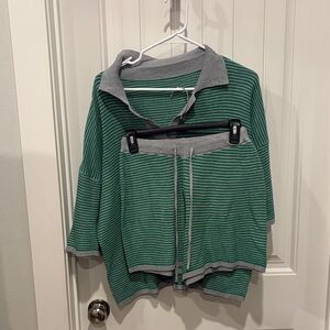 Green and Gray Striped Sweater Set
